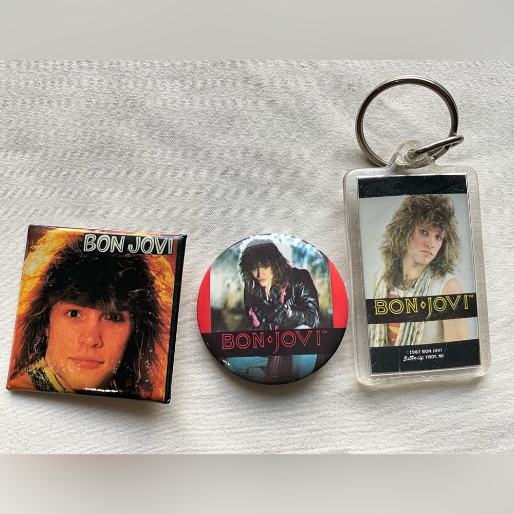 Vintage 1980s Lot of 3 Bon Jovi Button Up Pins and Keychain